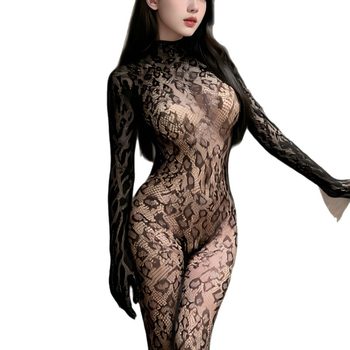 Leopard uzorak proziran bodystocking s visokim ovratnikom i otvorenim leđima, poliester 80–90%, za žene