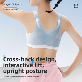 Dívčie športové podprsenka, 3/4 košík, tenká tvarovaná miska, bez oceľovej výstuhy, pevné dvojité ramienka, hlavný materiál nylon 50–70%, výstuha elastanu 30–50%, priedušné, tvarovanie chrbta