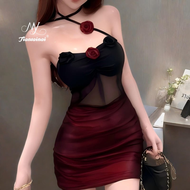 Sexy σετ εσωρούχων σε στυλ τσανγκσάμ με μοτίβο τριαντάφυλλου, διάφανο δίχτυ, halter-neck, ανοιχτή πλάτη (πολυεστέρα 80–90%)