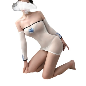 Σεξουαλικό σετ εσωρούχων με καλσόν, φούστα που αγκαλιάζει τους γοφούς, διαφανές κορμάκι με εκτύπωση και μακρύ‑μανίκι κορμάκι χωρίς κούμπωμα — πολυεστέρας με 80–90% σπάντεξ