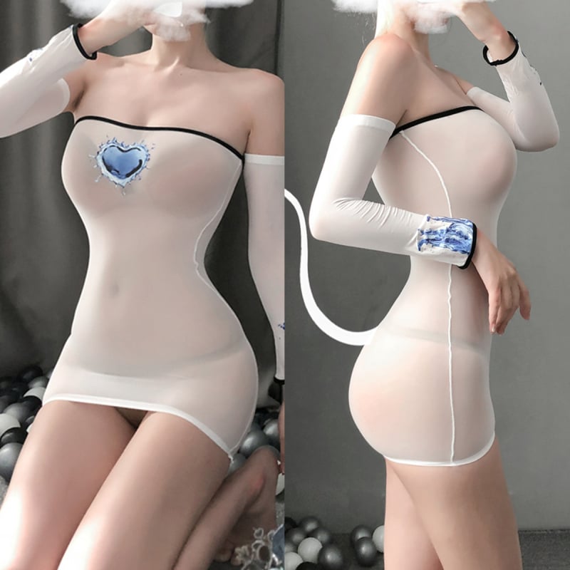 Σεξουαλικό σετ εσωρούχων με καλσόν, φούστα που αγκαλιάζει τους γοφούς, διαφανές κορμάκι με εκτύπωση και μακρύ‑μανίκι κορμάκι χωρίς κούμπωμα — πολυεστέρας με 80–90% σπάντεξ