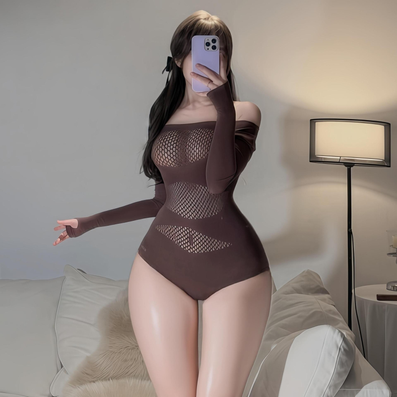 Plus-size seksi mrežasti bodi set s prorezima