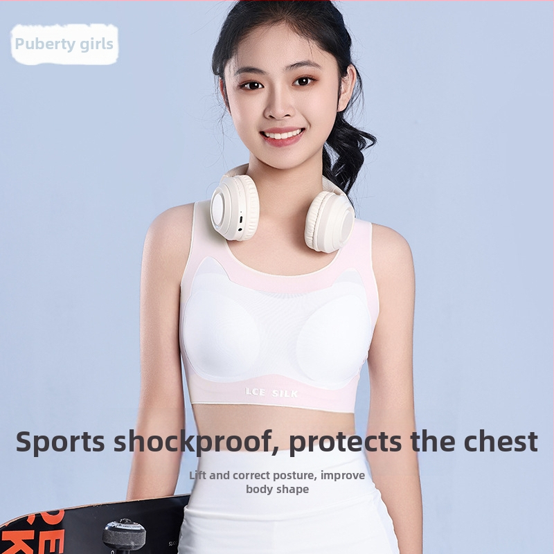 Nylonová podprsenka pre tínedžerky s bezšvovým zadným krížovým pásom – priedušná a odvádzajúca vlhkosť, plný košíček, tenký tvarovaný košíček, pevné dvojité ramienka