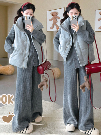 Tehotenský set: pletený kardigán s gombíkmi a nohavicový set; materiál: polyester s akrylom 30–50% a spandex <30% (uvedené 2025)