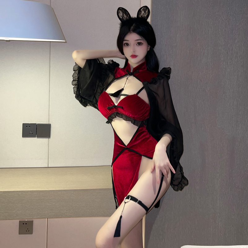 Cheongsam with hollow tassel accents, puff sleeves, transparent game outfit, ball queen dress, 90–95% polyester, Love like