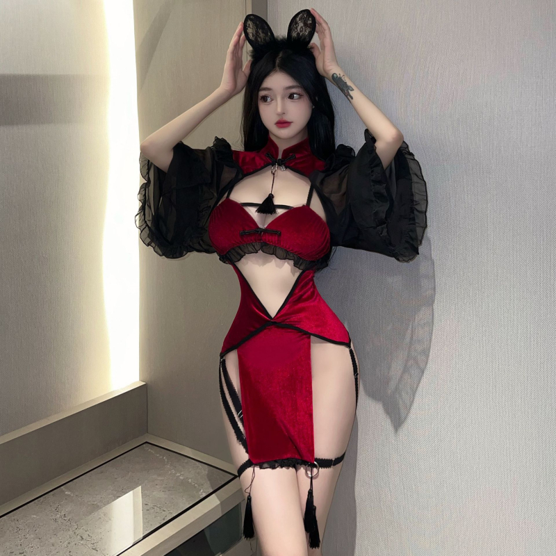 Cheongsam with hollow tassel accents, puff sleeves, transparent game outfit, ball queen dress, 90–95% polyester, Love like