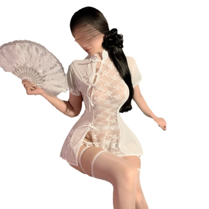 Plus veličine čipkasti cheongsam set, prozirno spavaće rublje, kostim starog stila