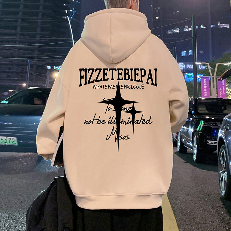 Hooded fleece-lined pulover, američki retro stil, oversize, okrugli izrez, dugi rukavi, mješavina pamuka i poliestera, 350–400 g