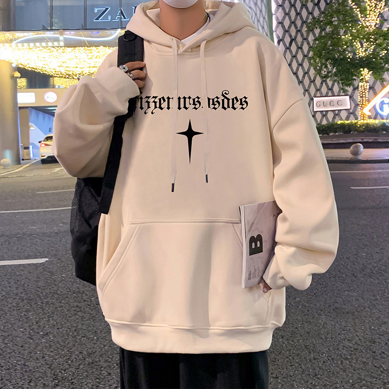 Hooded fleece-lined pulover, američki retro stil, oversize, okrugli izrez, dugi rukavi, mješavina pamuka i poliestera, 350–400 g