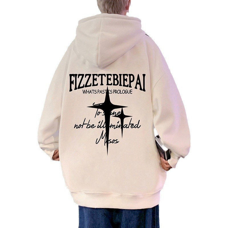 Hooded fleece-lined pulover, američki retro stil, oversize, okrugli izrez, dugi rukavi, mješavina pamuka i poliestera, 350–400 g
