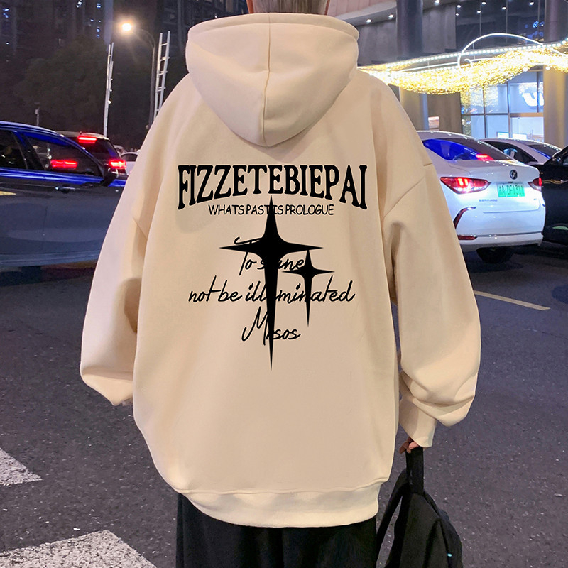 Hooded fleece-lined pulover, američki retro stil, oversize, okrugli izrez, dugi rukavi, mješavina pamuka i poliestera, 350–400 g