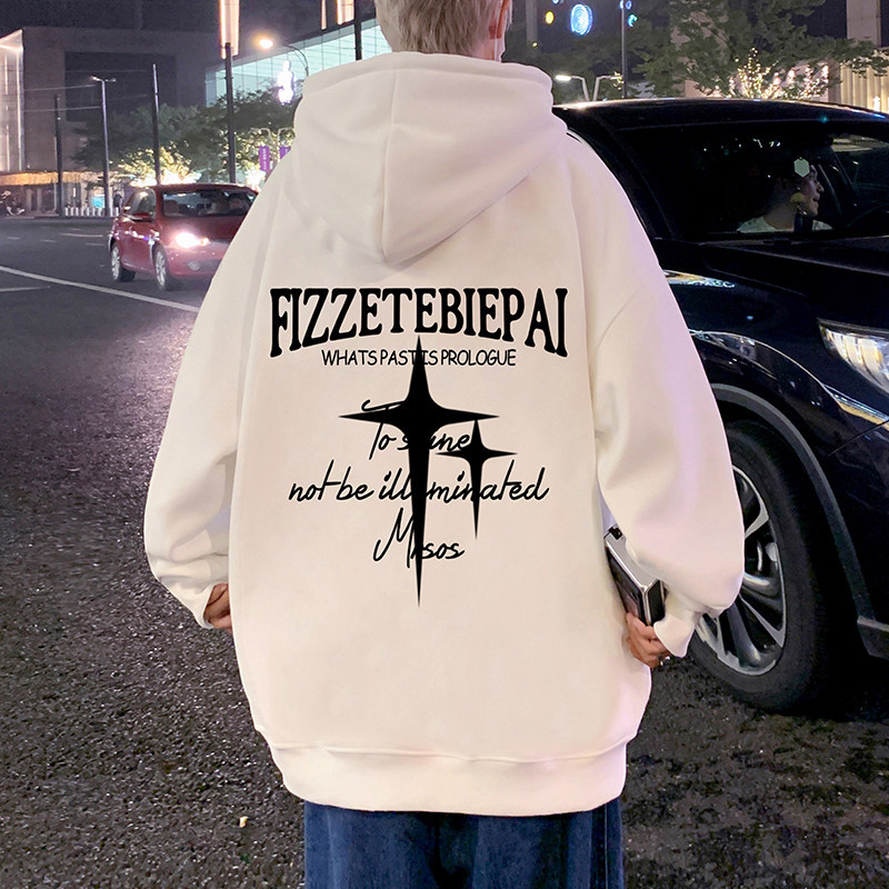 Hooded fleece-lined pulover, američki retro stil, oversize, okrugli izrez, dugi rukavi, mješavina pamuka i poliestera, 350–400 g