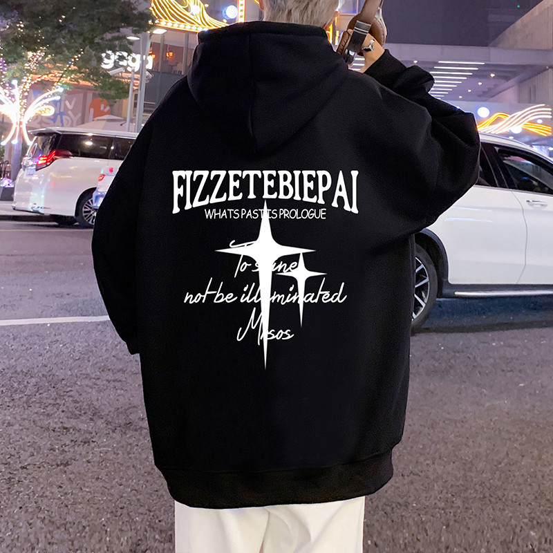 Hooded fleece-lined pulover, američki retro stil, oversize, okrugli izrez, dugi rukavi, mješavina pamuka i poliestera, 350–400 g