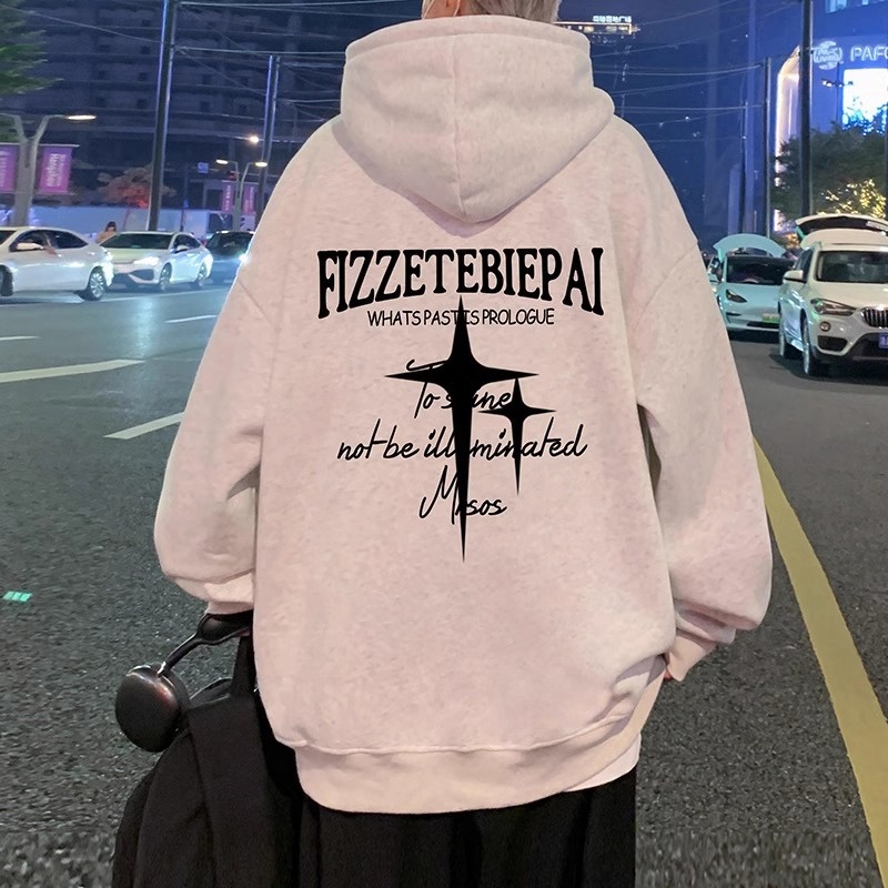 Hooded fleece-lined pulover, američki retro stil, oversize, okrugli izrez, dugi rukavi, mješavina pamuka i poliestera, 350–400 g