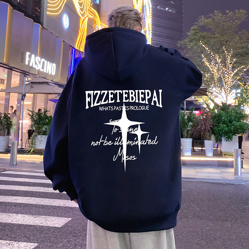 Hooded fleece-lined pulover, američki retro stil, oversize, okrugli izrez, dugi rukavi, mješavina pamuka i poliestera, 350–400 g