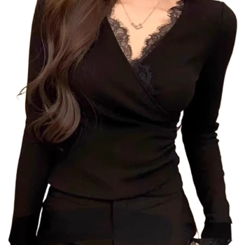 Plus-size ženska majica s čipkastim V-izrezom, fleece podstava, duge rukave, kroj koji sužava siluetu, za jesen-zimu