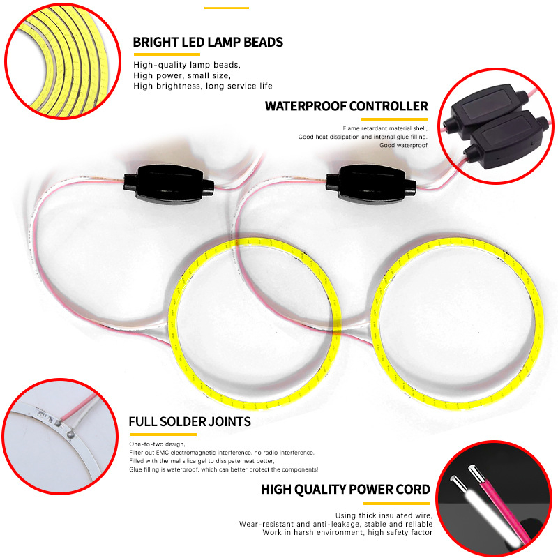 Автомобилни COB ангелски очи дневни светлини - 3W, 12V, 800lm, IP65, 50000 ч.