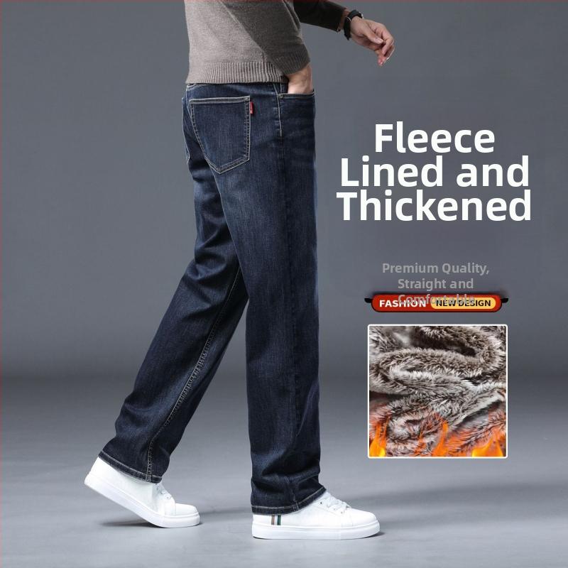 Pánske džínové nohavice s fleecovou podšívkou, voľný strih, rovný strih, zima, bavlna-poliestrová zmes (73% bavlna, 25,8% polyester, 1,2% elastan)