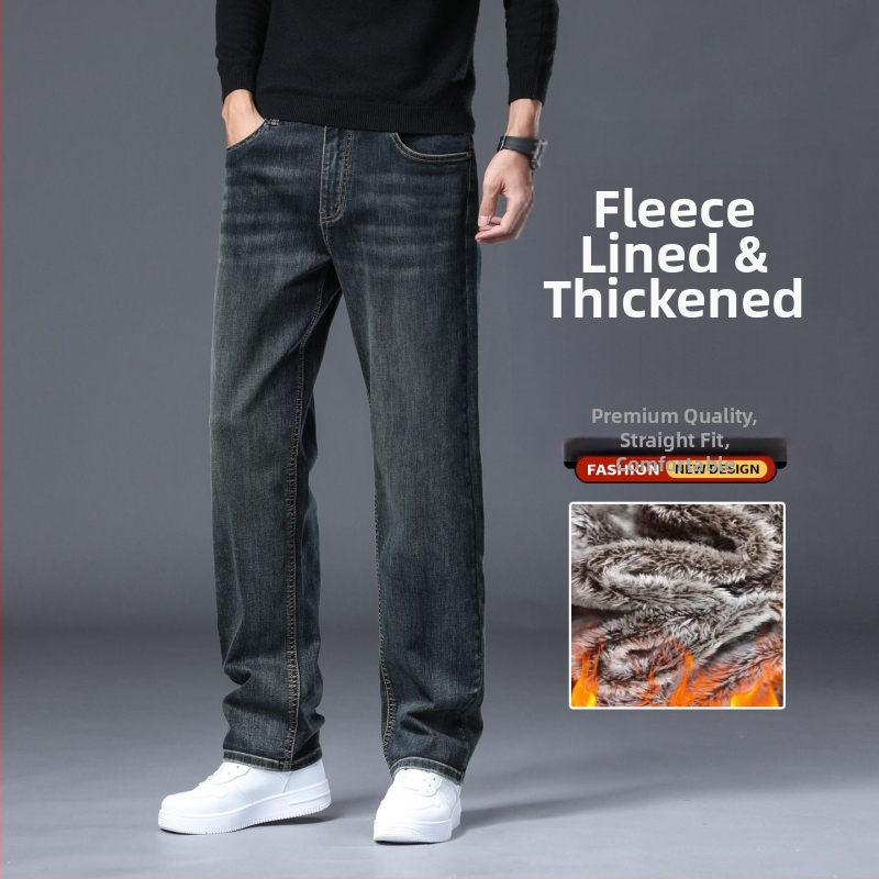 Pánske džínové nohavice s fleecovou podšívkou, voľný strih, rovný strih, zima, bavlna-poliestrová zmes (73% bavlna, 25,8% polyester, 1,2% elastan)