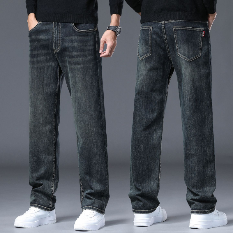 Pánske džínové nohavice s fleecovou podšívkou, voľný strih, rovný strih, zima, bavlna-poliestrová zmes (73% bavlna, 25,8% polyester, 1,2% elastan)