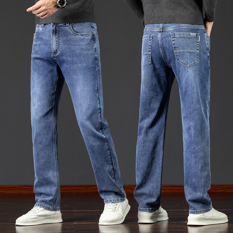 Pánske džínové nohavice s fleecovou podšívkou, voľný strih, rovný strih, zima, bavlna-poliestrová zmes (73% bavlna, 25,8% polyester, 1,2% elastan)