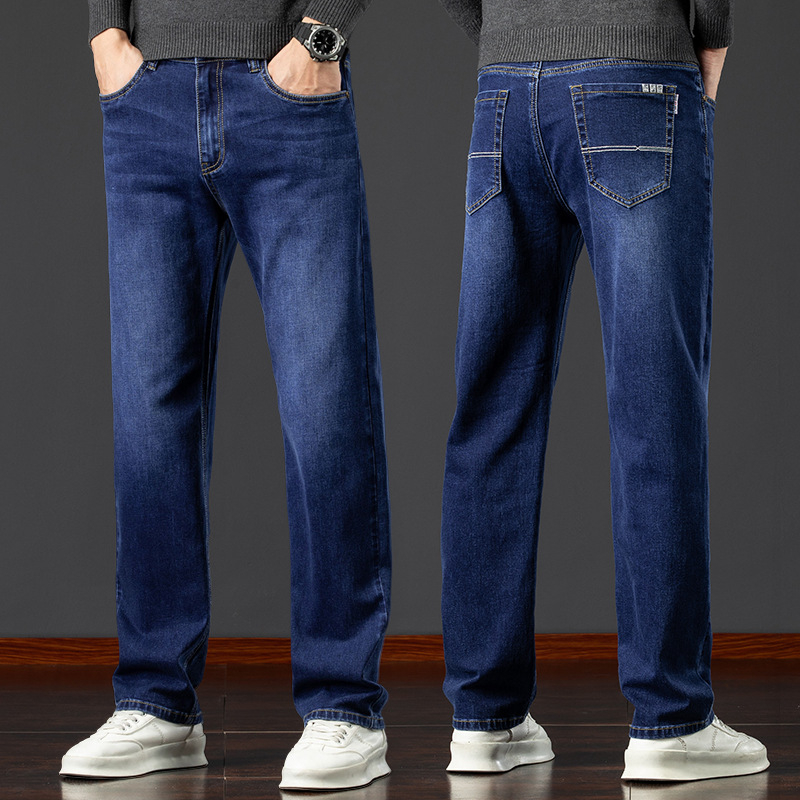 Pánske džínové nohavice s fleecovou podšívkou, voľný strih, rovný strih, zima, bavlna-poliestrová zmes (73% bavlna, 25,8% polyester, 1,2% elastan)