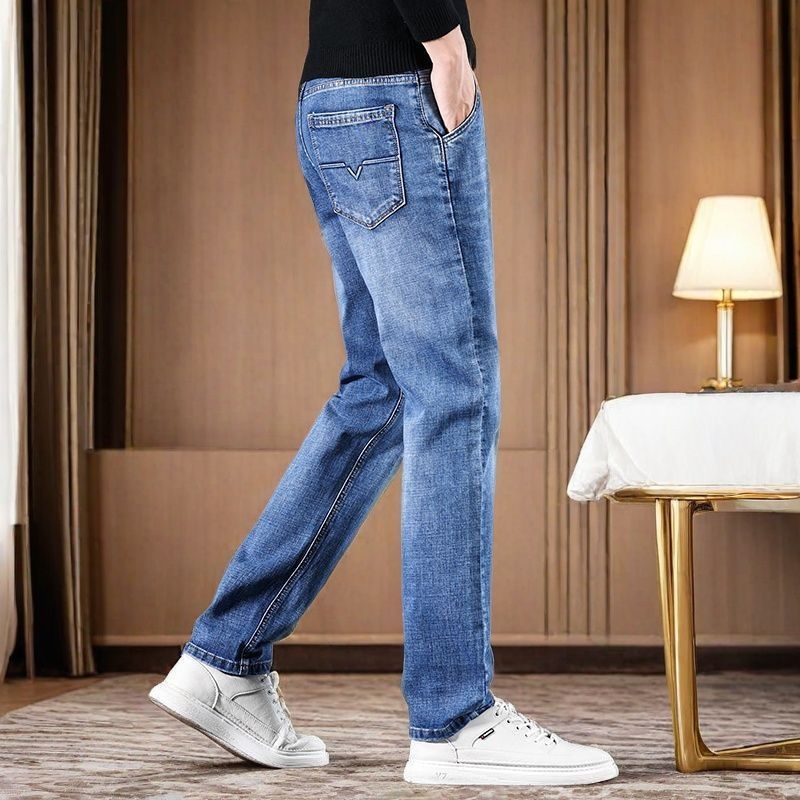 Дънки деним с прав крак, корейски стил, средна талия, цип