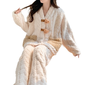 Set pyžam pre tehotné a dojčiace, hrubý fleece, dlhé rukávy, dlhé nohavice, francúzsky štýl