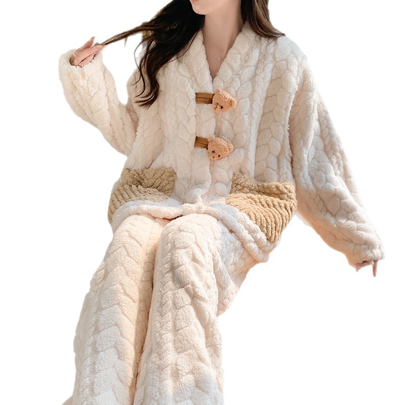 Set pyžam pre tehotné a dojčiace, hrubý fleece, dlhé rukávy, dlhé nohavice, francúzsky štýl