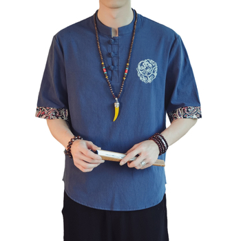 Muški pamuk kratkih rukava u kineskom stilu s stojećim ovratnikom, vezeno i motiv kineske kulture