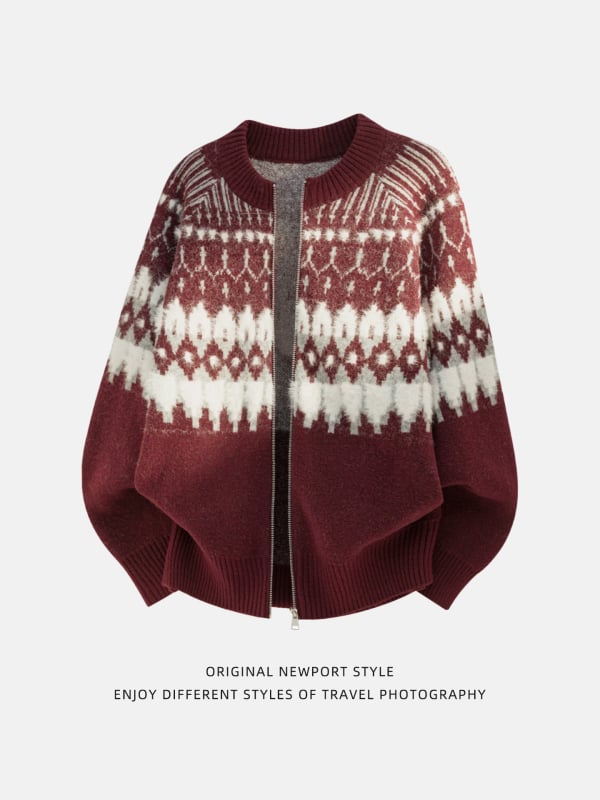 Teksturirani Fair Isle pleteni kardigan s umjetnim norkinim krznom, stojeћи ovratnik, dugi rukavi, ležerni kroj