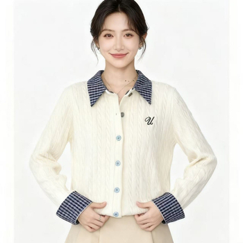 Cardigan în stil japano-coreean cu patchwork geometric, guler lapel, mâneci lungi, viscoză 70–80%