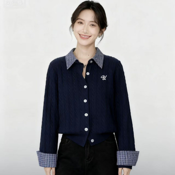 Cardigan în stil japano-coreean cu patchwork geometric, guler lapel, mâneci lungi, viscoză 70–80%