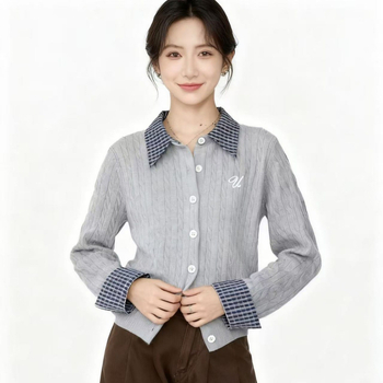 Cardigan în stil japano-coreean cu patchwork geometric, guler lapel, mâneci lungi, viscoză 70–80%