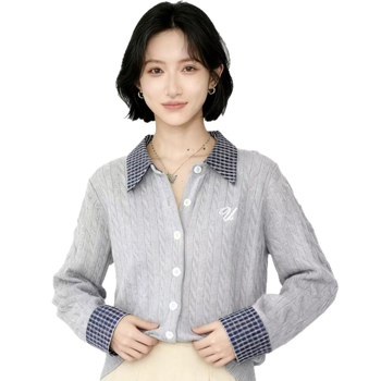 Cardigan în stil japano-coreean cu patchwork geometric, guler lapel, mâneci lungi, viscoză 70–80%