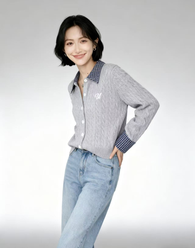 Cardigan în stil japano-coreean cu patchwork geometric, guler lapel, mâneci lungi, viscoză 70–80%