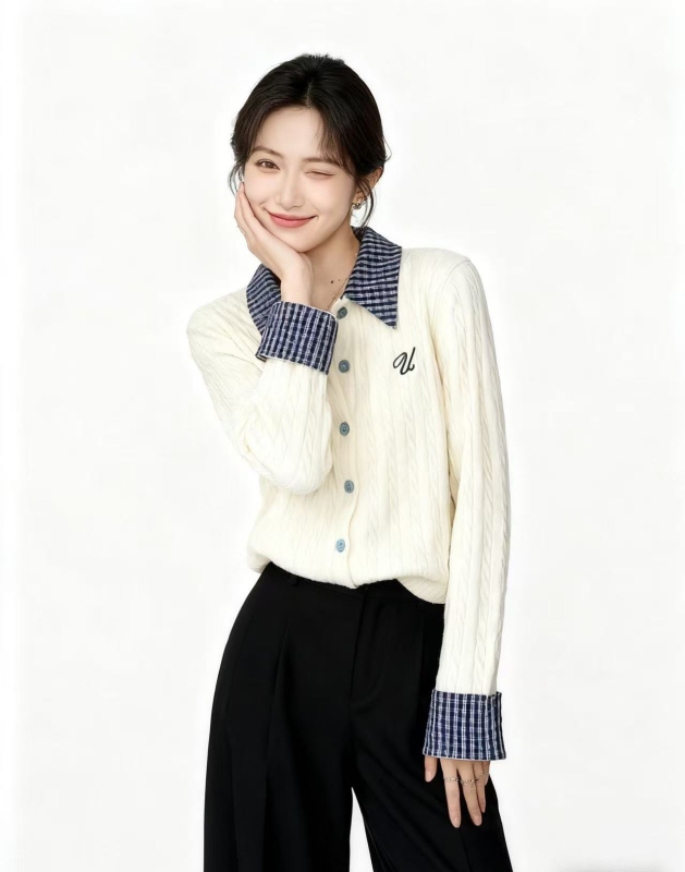 Cardigan în stil japano-coreean cu patchwork geometric, guler lapel, mâneci lungi, viscoză 70–80%