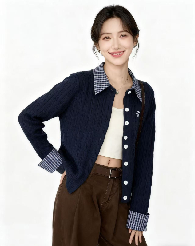 Cardigan în stil japano-coreean cu patchwork geometric, guler lapel, mâneci lungi, viscoză 70–80%