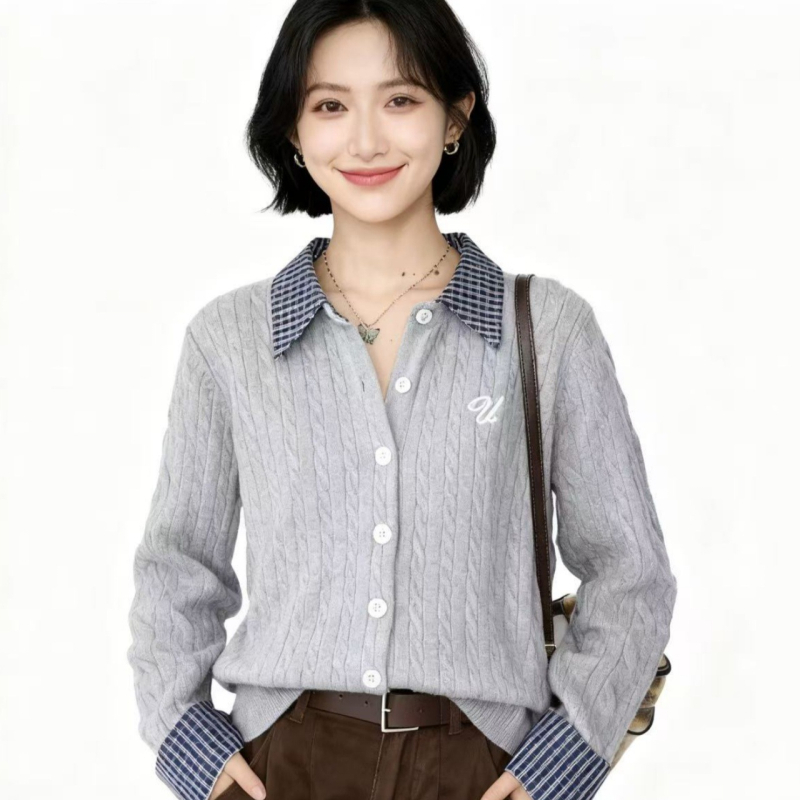 Cardigan în stil japano-coreean cu patchwork geometric, guler lapel, mâneci lungi, viscoză 70–80%