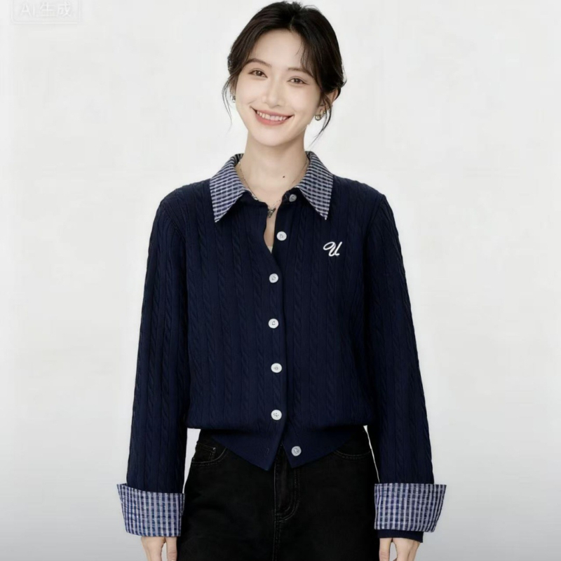 Cardigan în stil japano-coreean cu patchwork geometric, guler lapel, mâneci lungi, viscoză 70–80%
