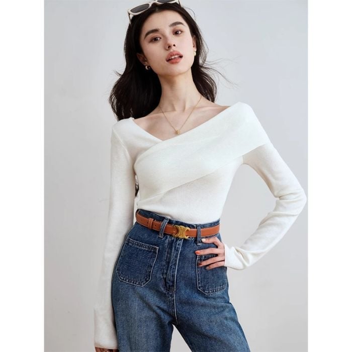 Pleteni džemper Slim-Fit s kosim ovratnikom, blok uzorak, Core-Spun vlakna