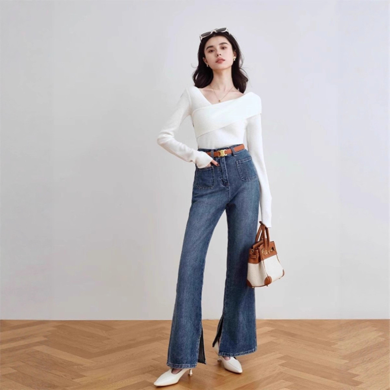 Pleteni džemper Slim-Fit s kosim ovratnikom, blok uzorak, Core-Spun vlakna