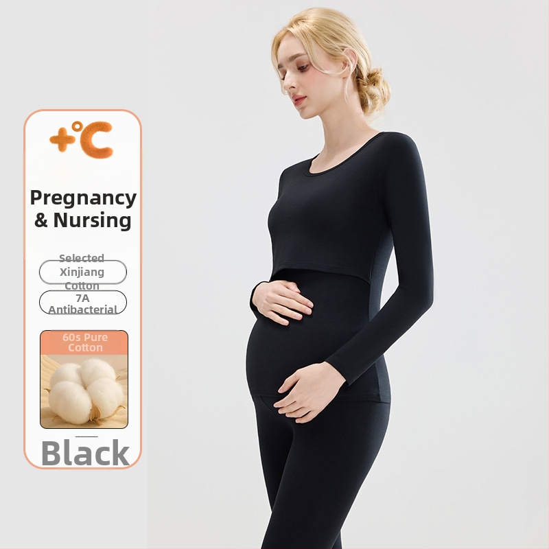 Tehotenský set: bavlnený pletený top s balónikovými rukávmi a dlhé nohavice, okrúhly výstrih, stredná hrúbka látky