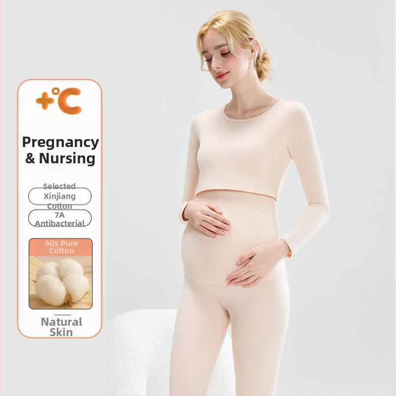 Tehotenský set: bavlnený pletený top s balónikovými rukávmi a dlhé nohavice, okrúhly výstrih, stredná hrúbka látky