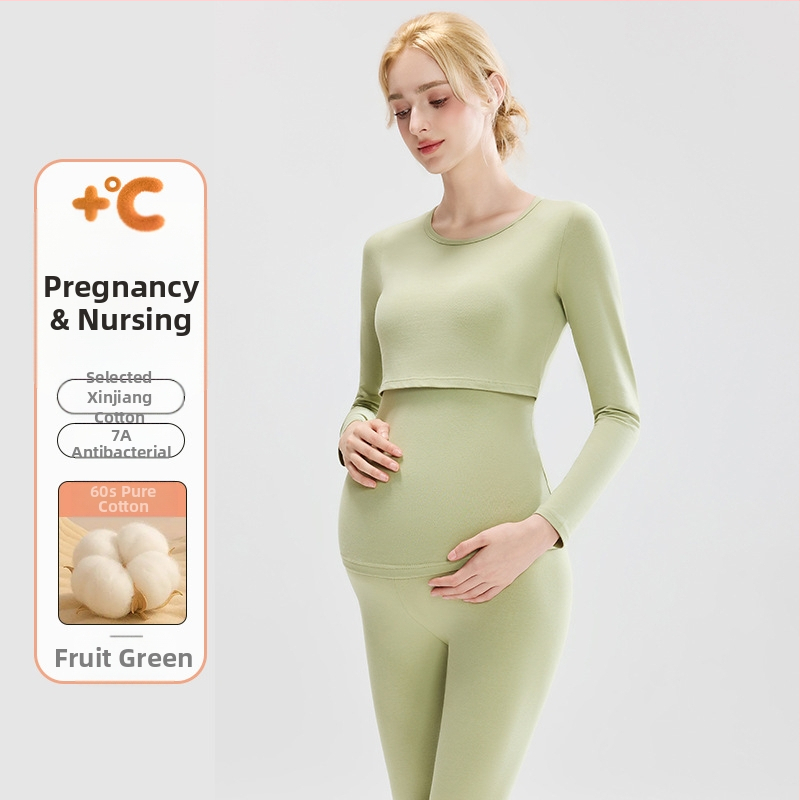 Tehotenský set: bavlnený pletený top s balónikovými rukávmi a dlhé nohavice, okrúhly výstrih, stredná hrúbka látky