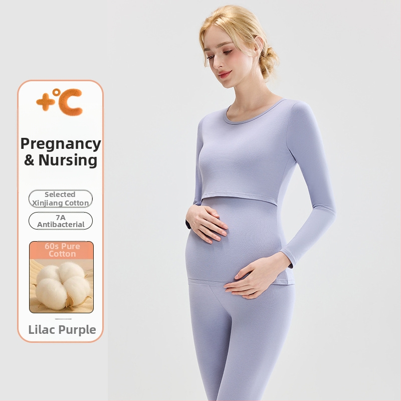 Tehotenský set: bavlnený pletený top s balónikovými rukávmi a dlhé nohavice, okrúhly výstrih, stredná hrúbka látky