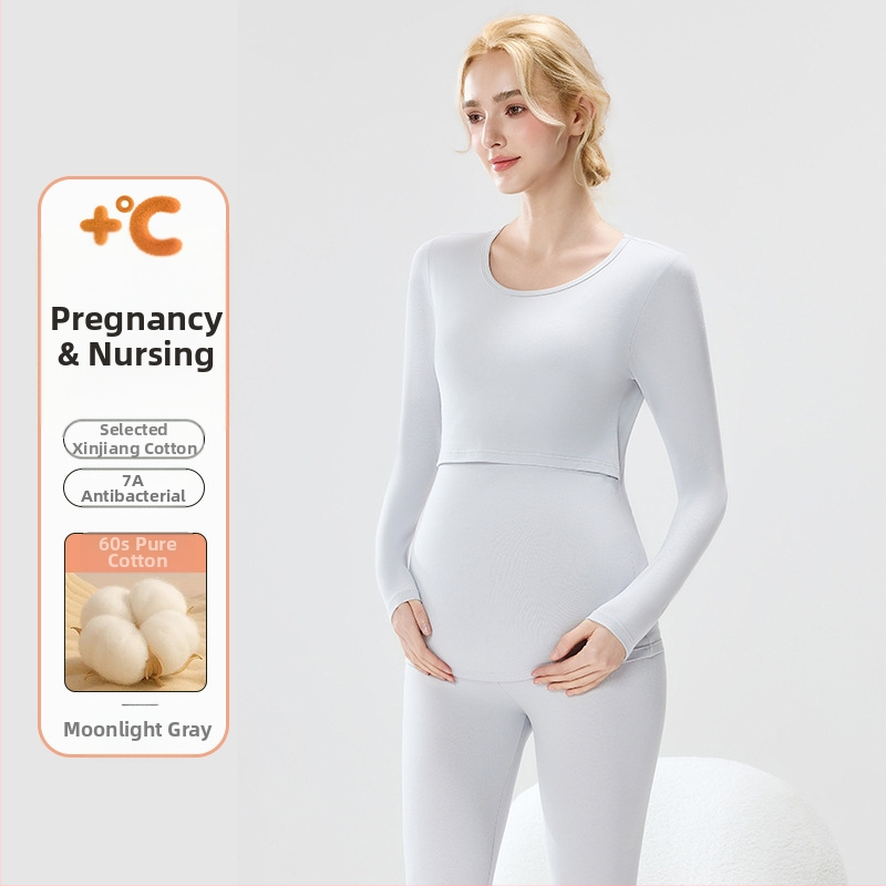 Tehotenský set: bavlnený pletený top s balónikovými rukávmi a dlhé nohavice, okrúhly výstrih, stredná hrúbka látky