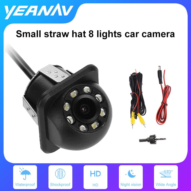 Kamera do cúvania pre auto, dizajn s 8 LED v štýle slamového klobúka, univerzálna, 12V, 720p, HD nočné videnie