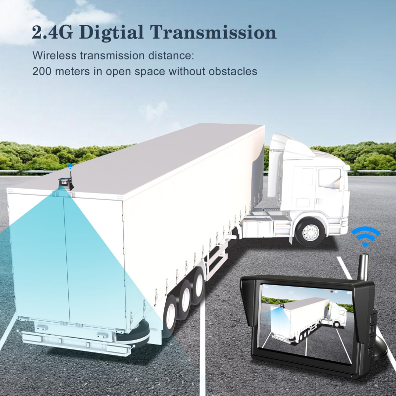 Systém zadnej kamery pre nákladné auto – 1080P bezdrôtový digitálny signál, solárne napájanie s 10000mAh batériou, prevádzkové napätie 12–24V, nastaviteľný uhol 60°
