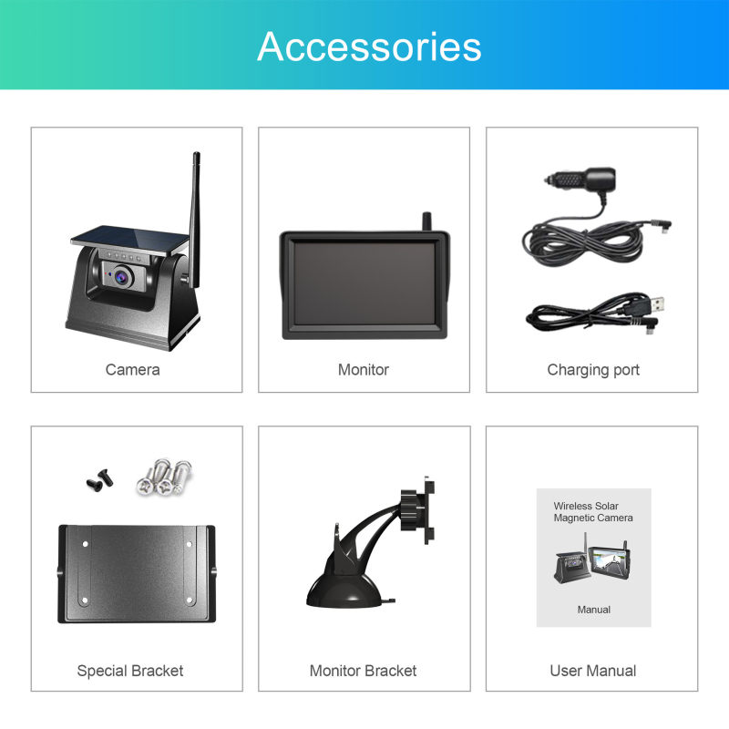 Systém zadnej kamery pre nákladné auto – 1080P bezdrôtový digitálny signál, solárne napájanie s 10000mAh batériou, prevádzkové napätie 12–24V, nastaviteľný uhol 60°